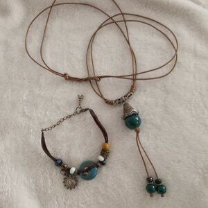 Double Cord Stone Beaded Boho Necklace & Bracelet New